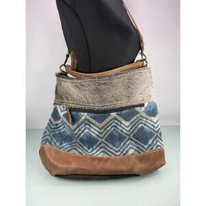 Myra Bag Mid Town Tide Upcycled Canvas Cowhide Leather Hobo Shoulder Bag in VGC
